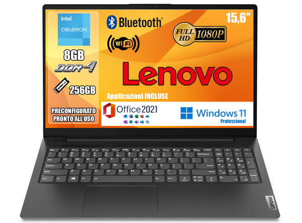 NOTEBOOK LENOVO INTEL N4500 8GB RAM 256GB SSD 15.6 W11 PRO OFFICE 2021 PRONTO ALL'USO