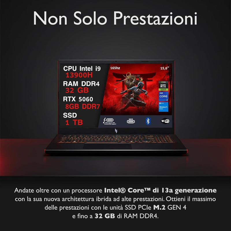 NOTEBOOK ACER NITRO V15,INTEL I9-13900H, 32GB DDR5 RAM, 1TB SSD, 15.6 IPS FHD 165HZ, GEFORCE RTX 5060 8GB GDDR7, WIN11 HOME, TASTIERA RETROILLUMINATA. PN:NH.QZAET.00L