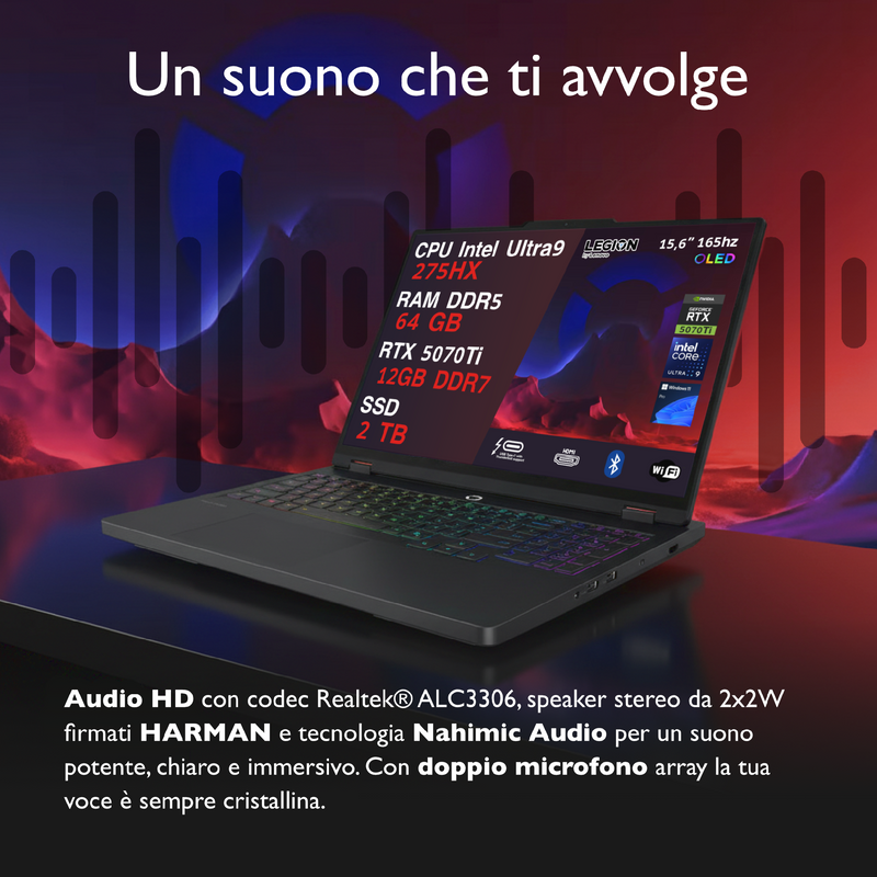 LENOVO LEGION PRO 5 PC GAMING PORTATILE ULTRA 9 275HX 20 CORE, 64 GB RAM DDR5, GEFORCE RTX 5070TI 12GB, SSD 2TB,NOTEBOOK GAMING OLED DISPLAY 16" 165HZ,LAPTOP GAMING TASTIERA RGB, WIFI 7, THUNDERBOLT 4