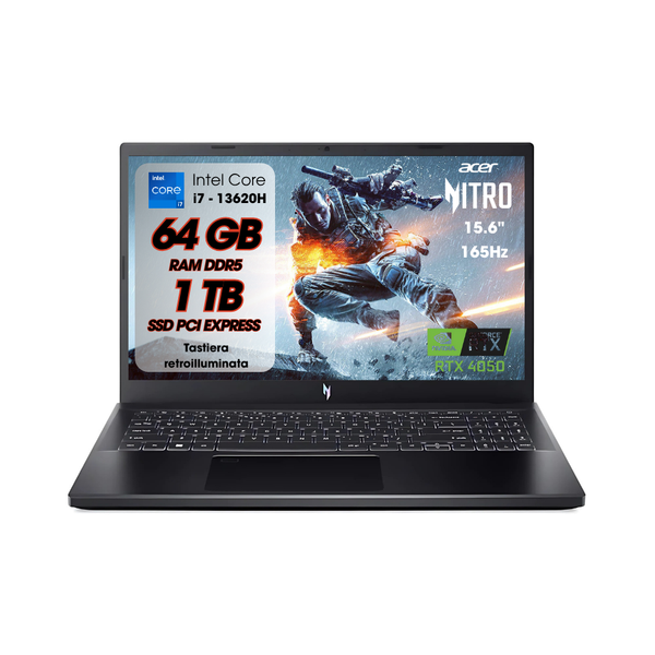 NOTEBOOK ACER NITRO V 15,INTEL I7-13620H, 64GB DDR5 RAM, 1TB SSD, 15.6 FHD IPS 165HZ, GEFORCE RTX 4050 6GB GDDR6, W11, TASTIERA RETROILLUMINATA PN:NH.QNCET.00P