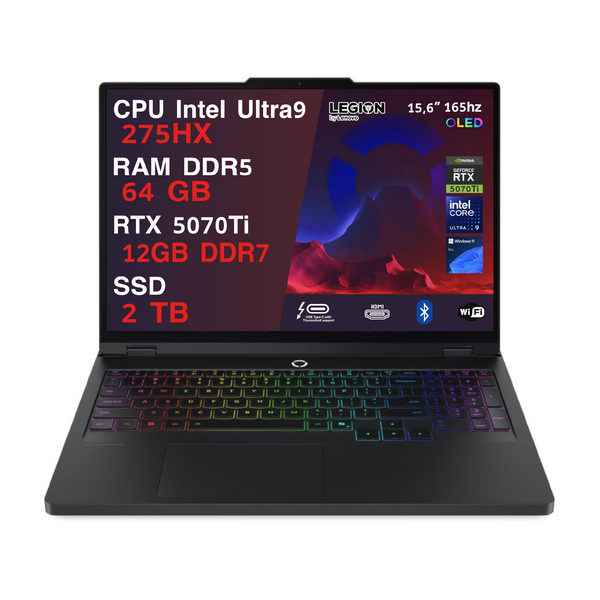 LENOVO LEGION PRO 5 PC GAMING PORTATILE ULTRA 9 275HX 20 CORE, 64 GB RAM DDR5, GEFORCE RTX 5070TI 12GB, SSD 2TB,NOTEBOOK GAMING OLED DISPLAY 16" 165HZ,LAPTOP GAMING TASTIERA RGB, WIFI 7, THUNDERBOLT 4