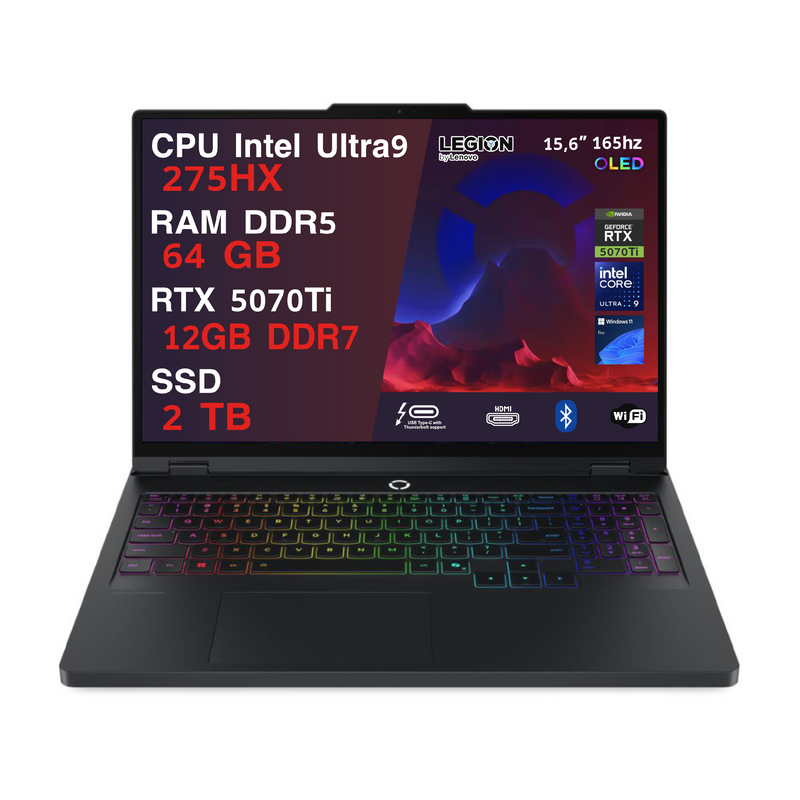 LENOVO LEGION PRO 5 PC GAMING PORTATILE ULTRA 9 275HX 20 CORE, 64 GB RAM DDR5, GEFORCE RTX 5070TI 12GB, SSD 2TB,NOTEBOOK GAMING OLED DISPLAY 16" 165HZ,LAPTOP GAMING TASTIERA RGB, WIFI 7, THUNDERBOLT 4