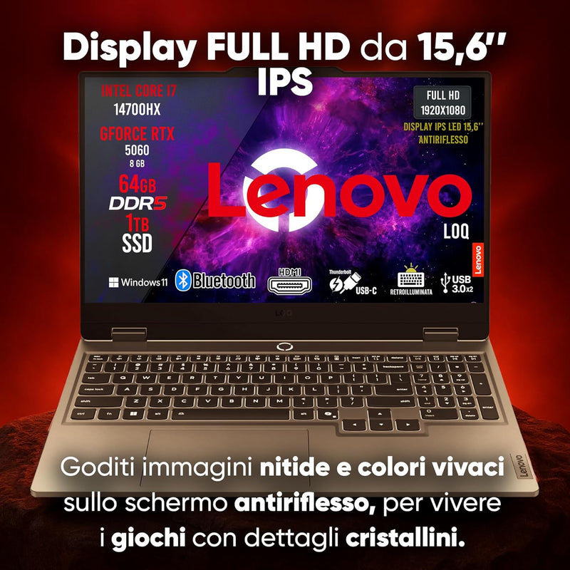 Lenovo Loq Pc Gaming Portatile i7 14700HX, 64 GB RAM DDR5, GeForce RTX 5060 8GB, SSD 1TB, Notebook Gaming Display IPS 15,6" FHD 144Hz, Laptop Gaming Tastiera Retroilluminata, Wi-Fi 6, Thunderbolt