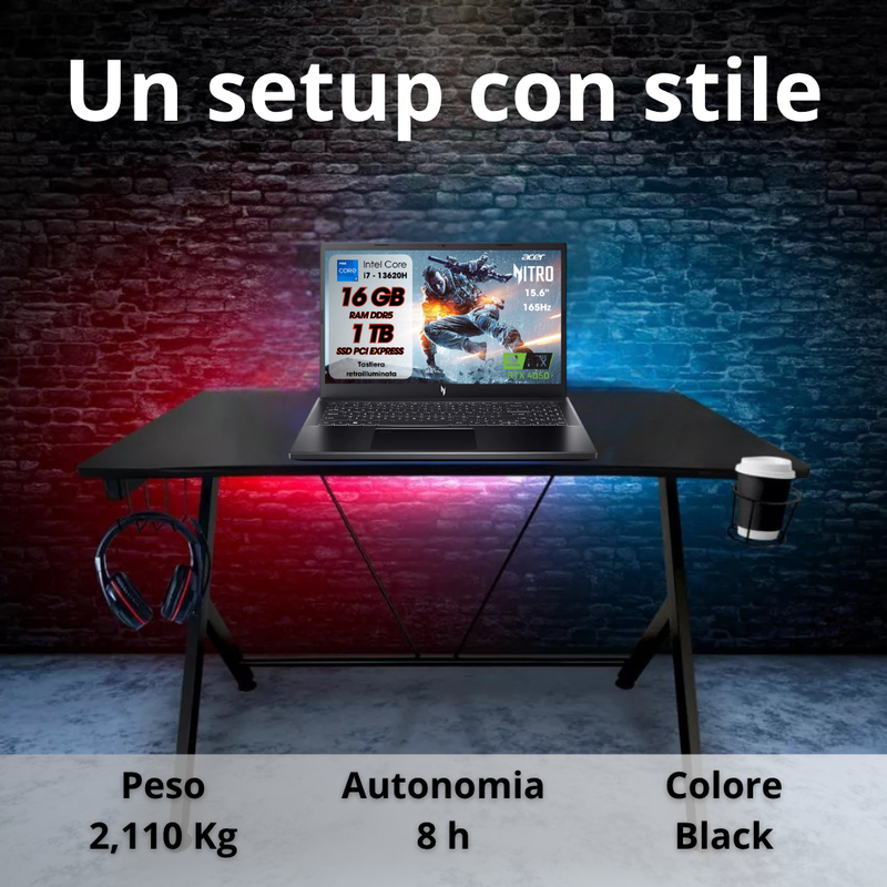 NOTEBOOK ACER NITRO V 15,INTEL I7-13620H, 16GB DDR5 RAM, 1TB SSD, 15.6 FHD IPS 165HZ, GEFORCE RTX 4050 6GB GDDR6, W11, TASTIERA RETROILLUMINATA PN:NH.QNCET.00P