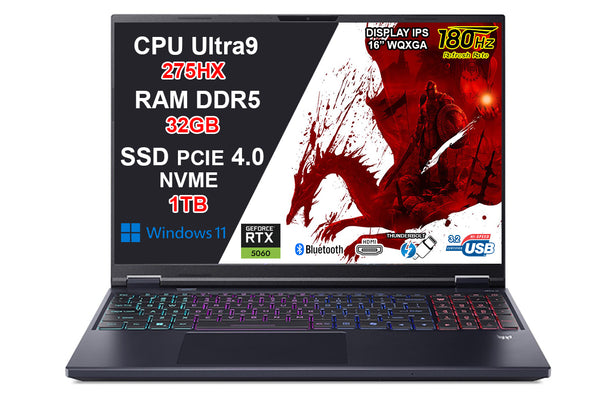 NOTEBOOK ACER PREDATOR HELIOS NEO 16, ULTRA 9 275HX, RAM 32GB DDR5, SSD 1TB SSD, NVIDIA GEFORCE  RTX 5060 8GB GDDR7, DISPLAY 16.0 WQXGA 180HZ,TASTIERA RGB, WIFI 6E, WIN11, PN:NH.QVQET.004
