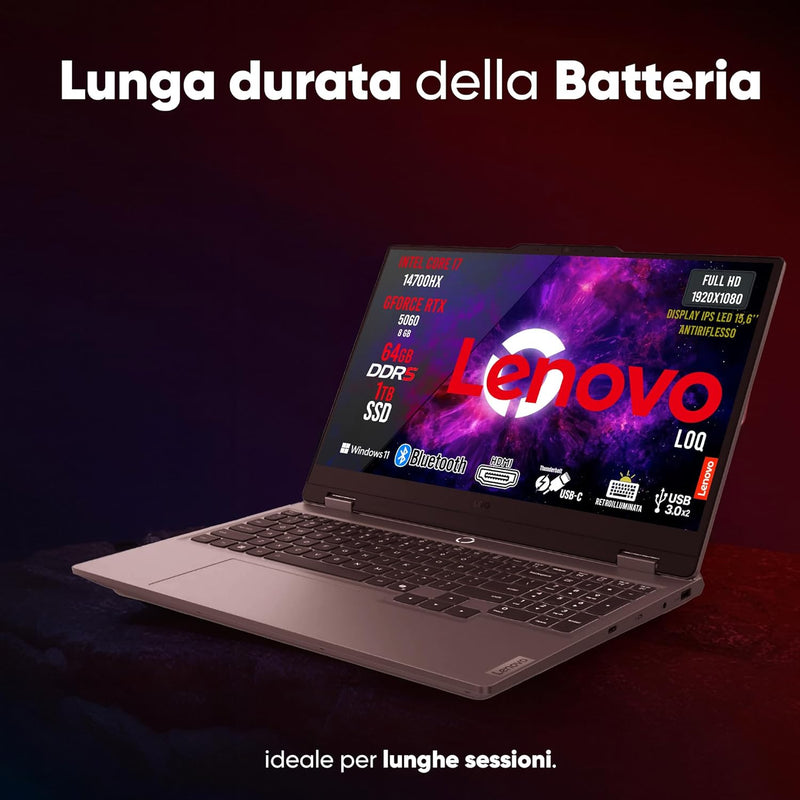 Lenovo Loq Pc Gaming Portatile i7 14700HX, 64 GB RAM DDR5, GeForce RTX 5060 8GB, SSD 1TB, Notebook Gaming Display IPS 15,6" FHD 144Hz, Laptop Gaming Tastiera Retroilluminata, Wi-Fi 6, Thunderbolt