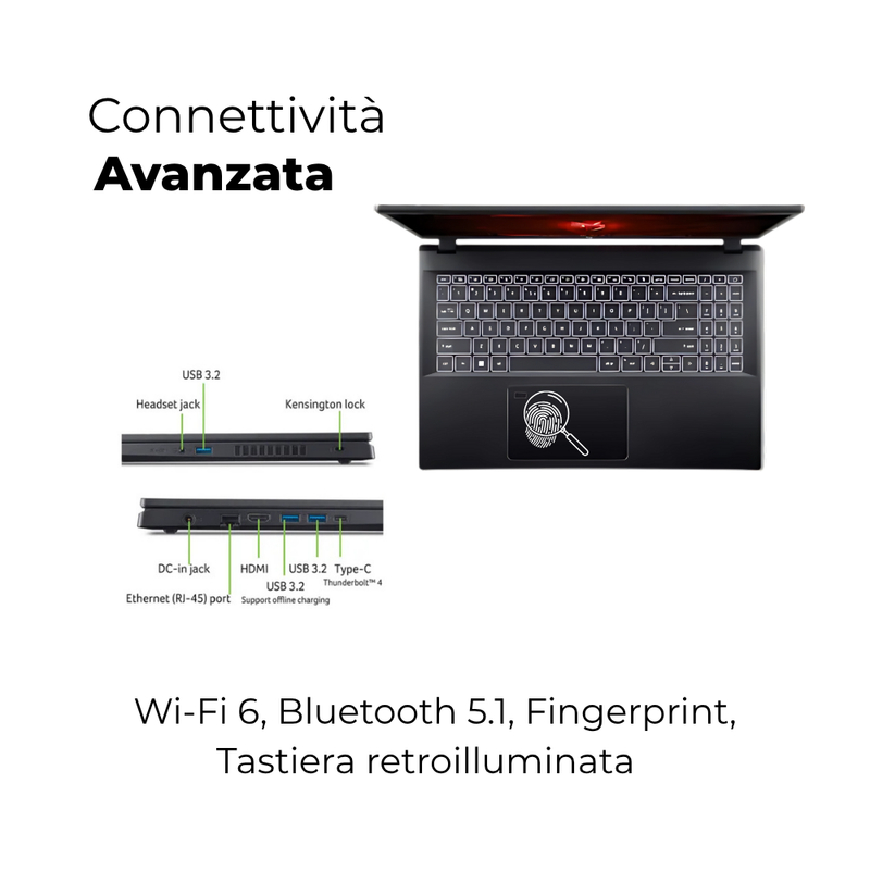 NOTEBOOK ACER NITRO V 15,INTEL I7-13620H, 16GB DDR5 RAM, 1TB SSD, 15.6 FHD IPS 165HZ, GEFORCE RTX 4050 6GB GDDR6, W11, TASTIERA RETROILLUMINATA PN:NH.QNCET.00P