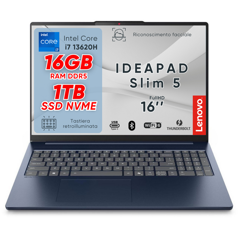 Lenovo Ideapad slim5, Cosmic Blu, Notebook,Intel i7 13620H 13Th, DDR5 16Gb, Display WUXGA 16" IPS FHD+, SSD da 1Tb, Wi-Fi 6, Bt, USB Thunderbolt, Tastiera retroilluminata, Win11 Pro, Pronto all'Uso.