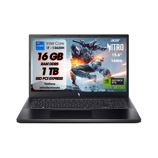 NOTEBOOK ACER NITRO V 15,INTEL I7-13620H, 16GB DDR5 RAM, 1TB SSD, 15.6 FHD IPS 165HZ, GEFORCE RTX 3050 6GB GDDR6, W11, TASTIERA RETROILLUMINATA PN:NH.QNCET.00P