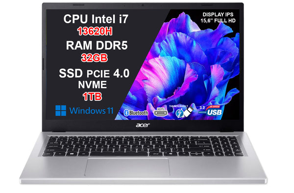 Acer Aspire Go 15 – Intel Core i7-13620H, 32GB RAM DDR5, 1TB SSD, Display 15.6" Full HD, Windows 11 Home, Wi-Fi 6, Bluetooth 5.0, 2x USB-C, Colore Silver – Ideale per Ufficio, Studenti e Casa