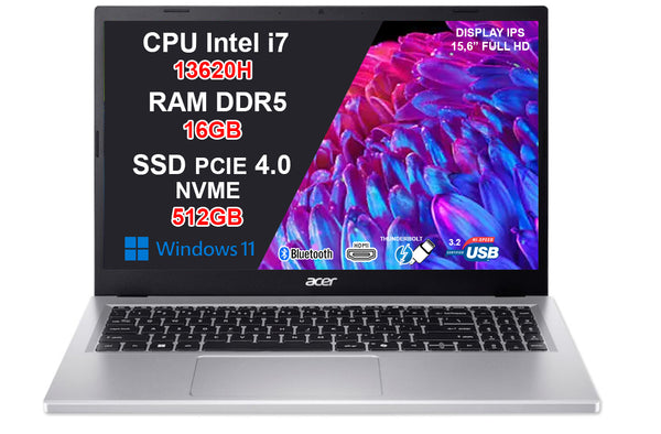 Acer Aspire Go 15 – Intel Core i7-13620H, 16GB RAM DDR5, 512GB SSD, Display 15.6" Full HD, Windows 11 Home, Wi-Fi 6, Bluetooth 5.0, 2x USB-C, Colore Silver – Ideale per Ufficio, Studenti e Casa