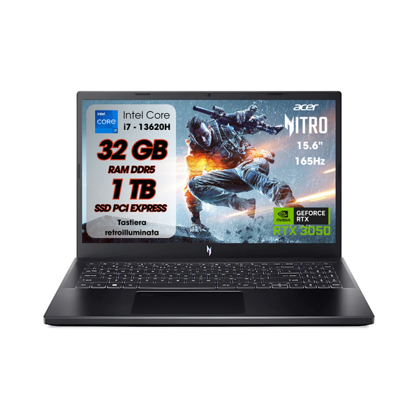NOTEBOOK ACER NITRO V 15,INTEL I7-13620H, 32GB DDR5 RAM, 1TB SSD, 15.6 FHD IPS 165HZ, GEFORCE RTX 3050 6GB GDDR6, W11, TASTIERA RETROILLUMINATA PN:NH.QNCET.00P