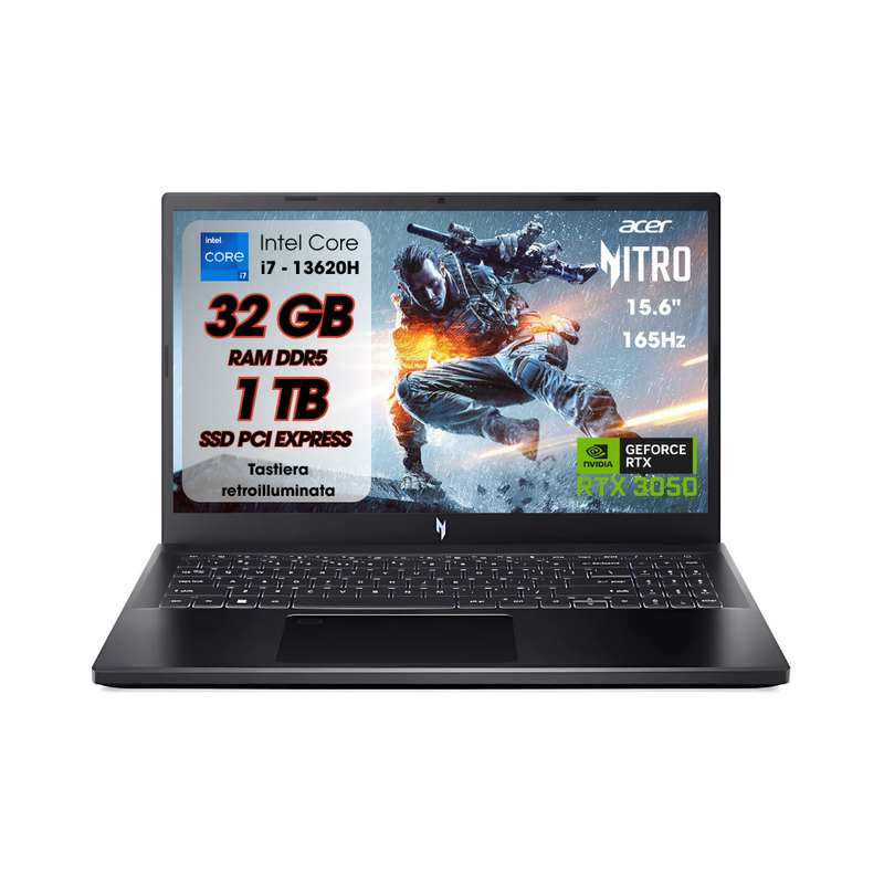 NOTEBOOK ACER NITRO V 15,INTEL I7-13620H, 32GB DDR5 RAM, 1TB SSD, 15.6 FHD IPS 165HZ, GEFORCE RTX 3050 6GB GDDR6, W11, TASTIERA RETROILLUMINATA PN:NH.QNCET.00P