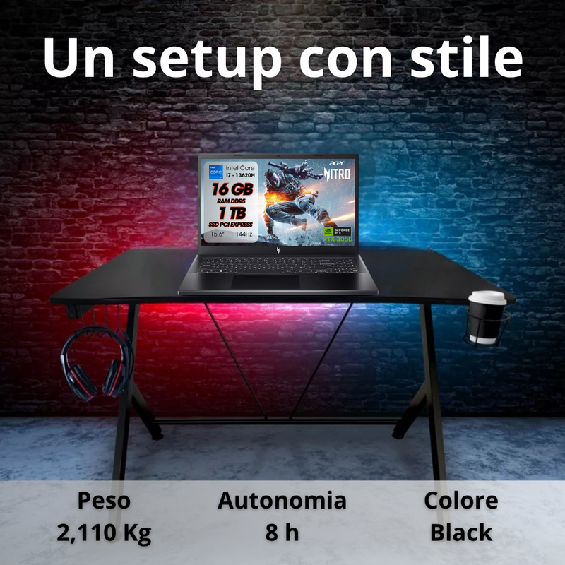 NOTEBOOK ACER NITRO V 15,INTEL I7-13620H, 16GB DDR5 RAM, 1TB SSD, 15.6 FHD IPS 165HZ, GEFORCE RTX 3050 6GB GDDR6, W11, TASTIERA RETROILLUMINATA PN:NH.QNCET.00P
