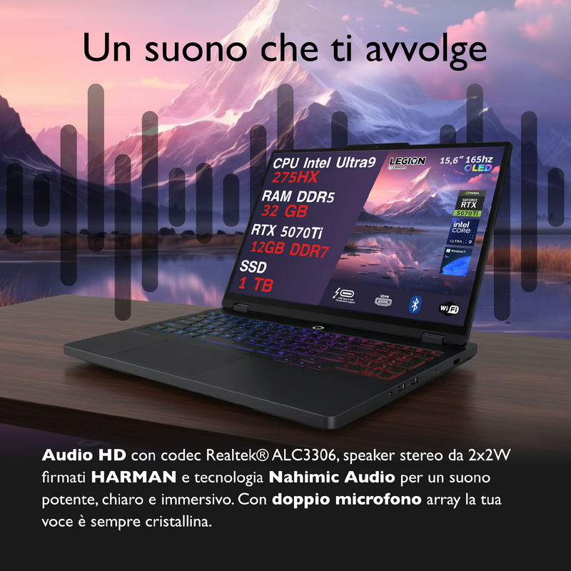 LENOVO LEGION PRO 5 PC GAMING PORTATILE ULTRA 9 275HX 20 CORE, 32 GB RAM DDR5, GEFORCE RTX 5070TI 12GB, SSD 1TB,NOTEBOOK GAMING OLED DISPLAY 16" 165HZ,LAPTOP GAMING TASTIERA RGB, WIFI 7, THUNDERBOLT 4