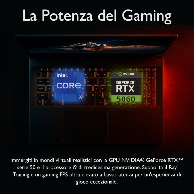NOTEBOOK ACER NITRO V15,INTEL I9-13900H, 32GB DDR5 RAM, 1TB SSD, 15.6 IPS FHD 165HZ, GEFORCE RTX 5060 8GB GDDR7, WIN11 HOME, TASTIERA RETROILLUMINATA. PN:NH.QZAET.00L