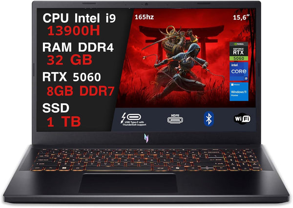 NOTEBOOK ACER NITRO V15,INTEL I9-13900H, 32GB DDR5 RAM, 1TB SSD, 15.6 IPS FHD 165HZ, GEFORCE RTX 5060 8GB GDDR7, WIN11 HOME, TASTIERA RETROILLUMINATA. PN:NH.QZAET.00L