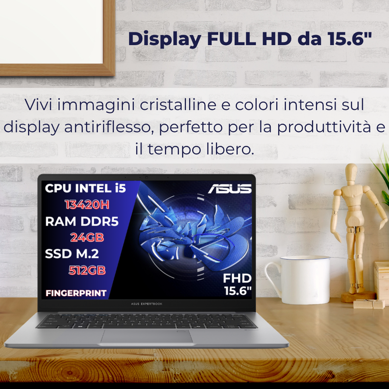 NOTEBOOK ASUS Expertbook P1 I5-13420H,24GB RAM,512GB SSD,Display 15.6 Fhd,Win 11 Pro, Fingerprint,Thunderbolt,Silver,Pronto all'uso.