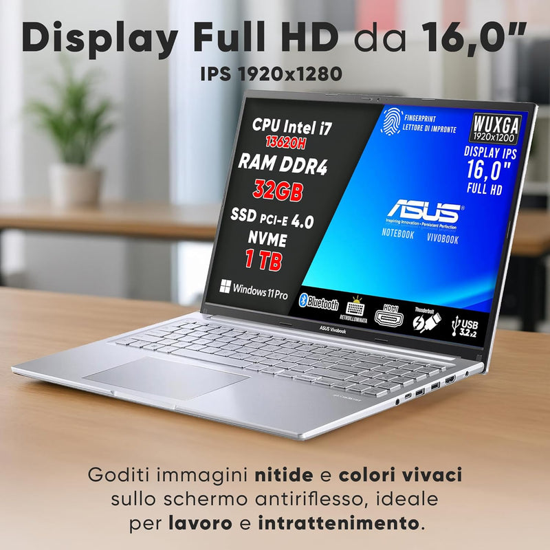 ASUS NOTEBOOK VIVOBOOK INTEL I7 13620H, RAM DDR4 32GB, SSD 1TB PCI-E 4.0, DISPLAY IPS WUXGA 16,0" FULL HD, TASTIERA RETROILLUMINATA, WIN 11 PRO, PRONTO ALL'USO.