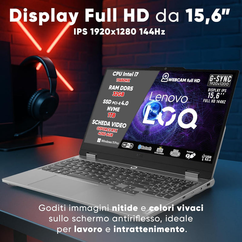 Lenovo Notebook Gaming Intel i7 13650HX, RAM DDR5 32Gb, GeForce RTX 4050 6GB, SSD 1Tb, DISPLAY IPS 15,6" FULL HD 144Hz G-SYNC, Tastiera Retroilluminata, Wi-Fi 6, Thunderbolt, W11 Pro, Pronto all'uso.