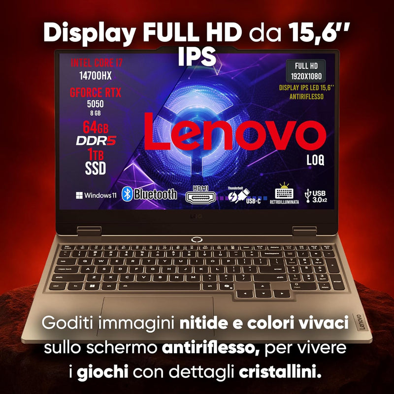 Lenovo Loq Pc Gaming Portatile i7 14700HX, 64 GB RAM DDR5, GeForce RTX 5050 8GB, SSD 1TB, Notebook Gaming Display IPS 15,6" FHD 144Hz, Laptop Gaming Tastiera Retroilluminata, Wi-Fi 6, Thunderbolt
