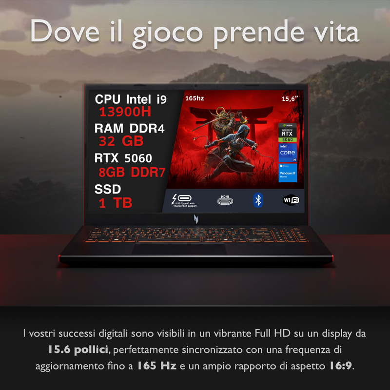 Acer Nitro V15 Pc Gaming Portatile i9-13900h, 32GB RAM DDR4, SSD 1TB, Geforce RTX 5060 8GB Gddr7, Notebook Gaming Display 15.6 IPS FHD 165hz, Laptop Gaming, Ethernet, WiFi, Tastiera Retroilluminata