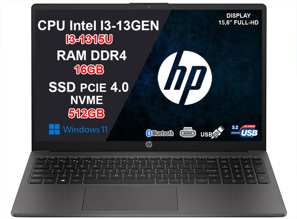 NOTEBOOK HP 250 G10, CPU I3-1315U, 16GB RAM DDR4, 512GB SSD, DISPLAY 15.6 FHD, WINDOWS 11 HOME, INCLUSA ESTENSIONE U22N6E 3Y GARANZIA ON SITE,  PN:9Y6X0AT