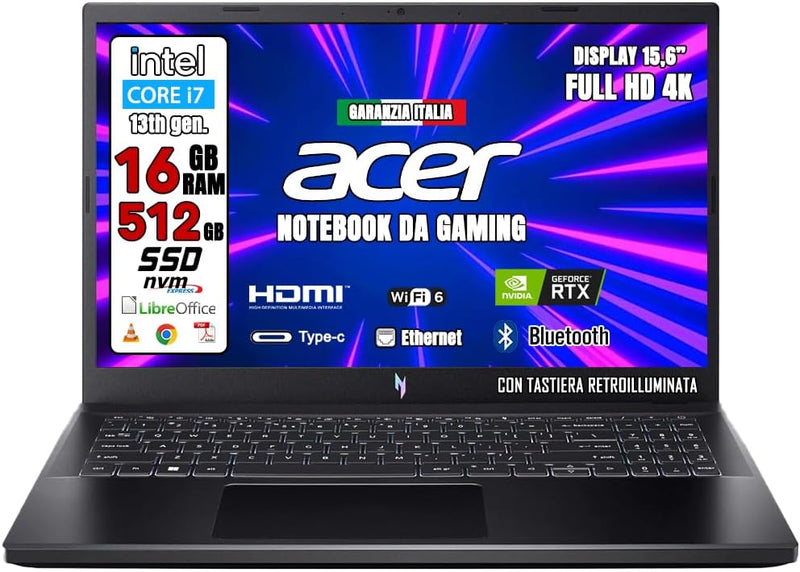 ACER NITRO V15 Notebook Gaming, Cpu Intel I7-13620H, RAM 16Gb Ddr5, 512Gb SSD, 15.6 144HZ IPS, Nvidia GeForce RTX 2050 4GB GDDR6, Win11 Pro, Tastiera Retroilluminata, Preconfigurato.