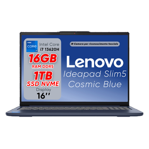 Lenovo Ideapad slim5, Cosmic Blu, Notebook,Intel i7 13620H 13Th, DDR5 16Gb, Display WUXGA 16" IPS FHD+, SSD da 1Tb, Wi-Fi 6, Bt, USB Thunderbolt, Tastiera retroilluminata, Win11 Pro, Pronto all'Uso.