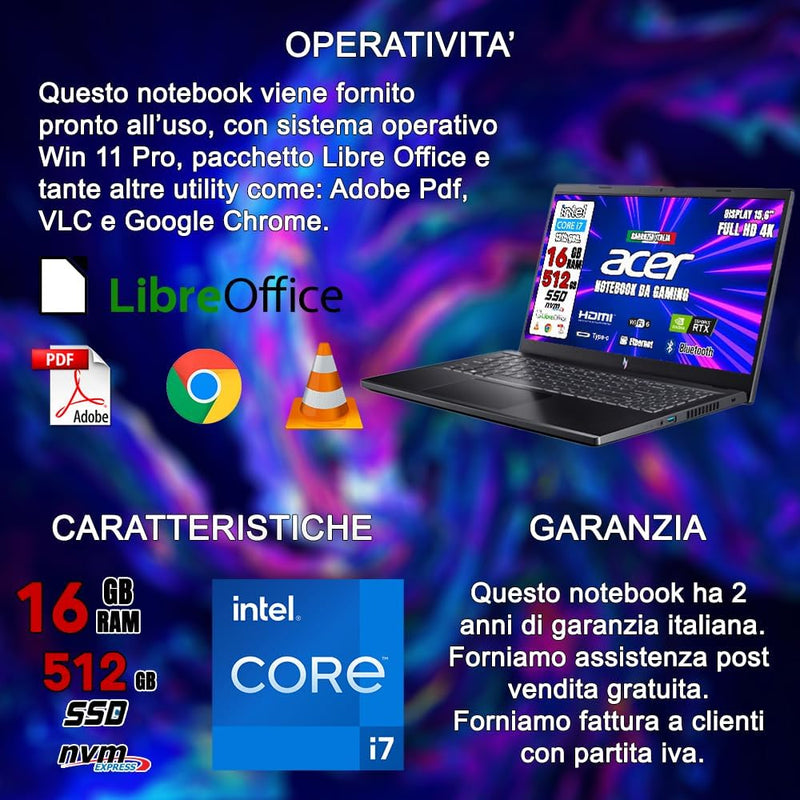 ACER NITRO V15 Notebook Gaming, Cpu Intel I7-13620H, RAM 16Gb Ddr5, 512Gb SSD, 15.6 144HZ IPS, Nvidia GeForce RTX 2050 4GB GDDR6, Win11 Pro, Tastiera Retroilluminata, Preconfigurato.