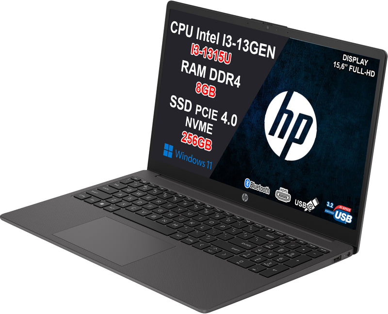 NOTEBOOK HP 250 G10, CPU I3-1315U, 8GB RAM DDR4, 256GB SSD, DISPLAY 15.6 FHD, WINDOWS 11 HOME, INCLUSA ESTENSIONE U22N6E 3Y GARANZIA ON SITE,  PN:9Y6X0AT