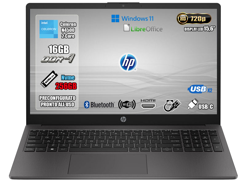 NOTEBOOK HP INTEL N4500 16GB RAM 256GB SSD 15.6 W11 PRO 2ANNI GAR.