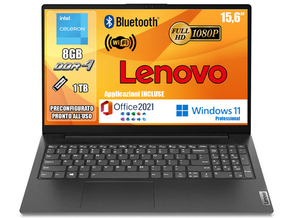 NOTEBOOK LENOVO INTEL N4500 8GB RAM 1TB SSD 15.6 W11 PRO OFFICE 2021 PRONTO ALL'USO