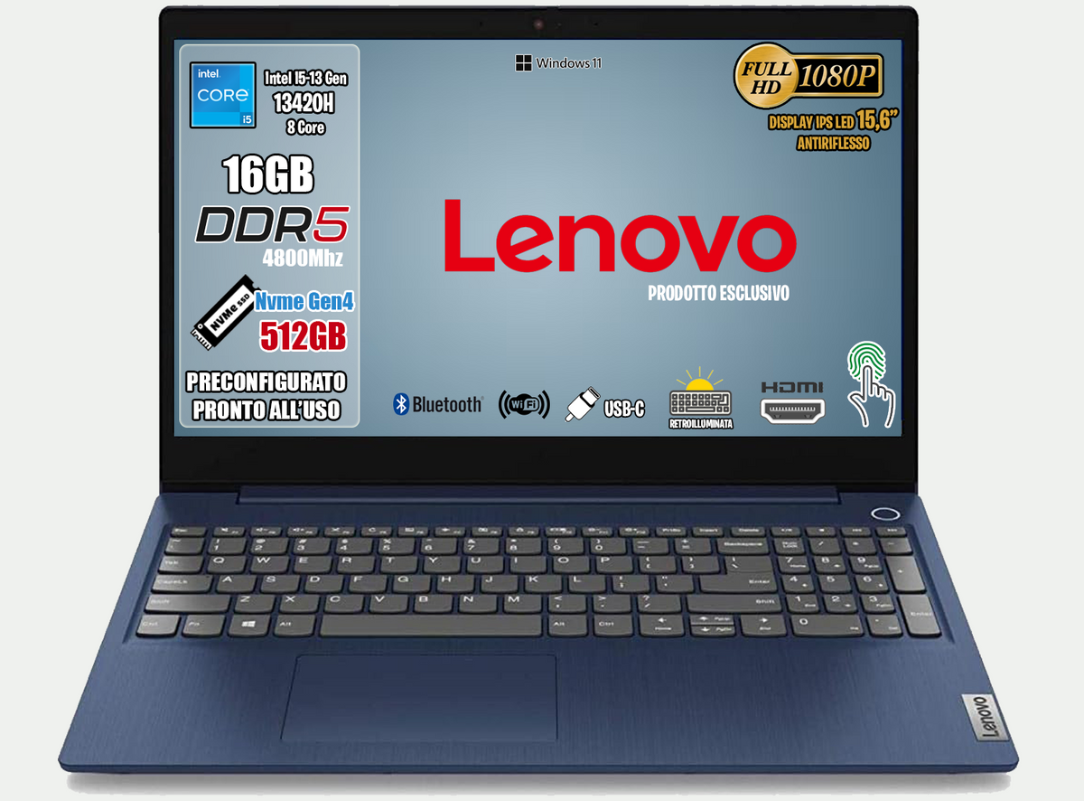 Lenovo Notebook, pc portatile i5 13420H 13th, DDR5 16Gb