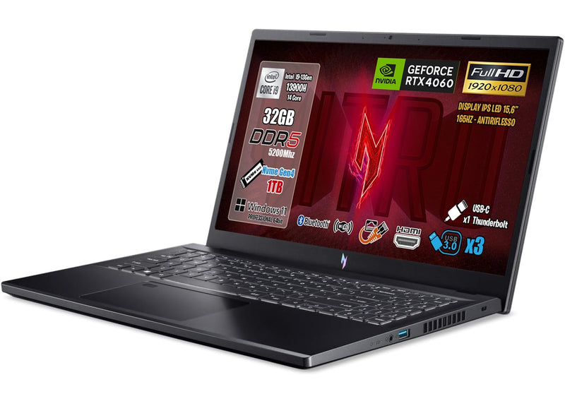 ACER NOTEBOOK GAMING NITRO V 15, INTEL CORE I9-13900H, RAM 32GB DDR5, SSD 1TB PCI-EX, DISPLAY 15.6" FULLHD IPS 165HZ, NVIDIA GEFORCE RTX 4060 8GB GDDR6, WI-FI 6, THUNDERBOLT 4.0, TASTIERA RETROILLUMINATA, WINDOWS 11