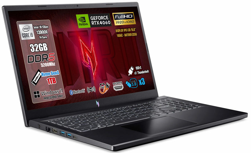 ACER NOTEBOOK GAMING NITRO V 15, INTEL CORE I9-13900H, RAM 32GB DDR5, SSD 1TB PCI-EX, DISPLAY 15.6" FULLHD IPS 165HZ, NVIDIA GEFORCE RTX 4060 8GB GDDR6, WI-FI 6, THUNDERBOLT 4.0, TASTIERA RETROILLUMINATA, WINDOWS 11