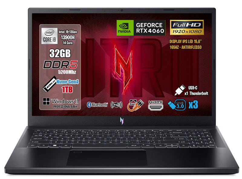 ACER NOTEBOOK GAMING NITRO V 15, INTEL CORE I9-13900H, RAM 32GB DDR5, SSD 1TB PCI-EX, DISPLAY 15.6" FULLHD IPS 165HZ, NVIDIA GEFORCE RTX 4060 8GB GDDR6, WI-FI 6, THUNDERBOLT 4.0, TASTIERA RETROILLUMINATA, WINDOWS 11