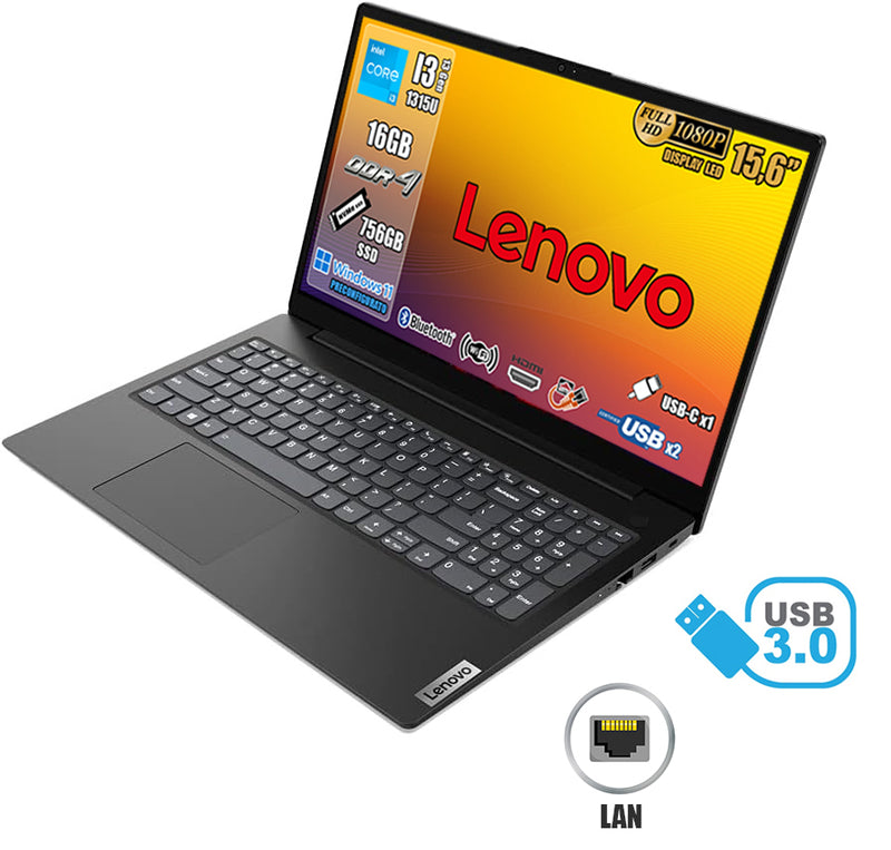 Lenovo Notebook, pc portatile Intel Core i3 1315U 13th, DDR4 16Gb, Display FHD 15,6", SSD 756Gb NVMe, Wi-Fi 6, Bluetooth 5.2, USB 3.2 Type-C, Win11 Pro, Nero, Nuovo, Pronto all'uso, 2 anni garanzia.