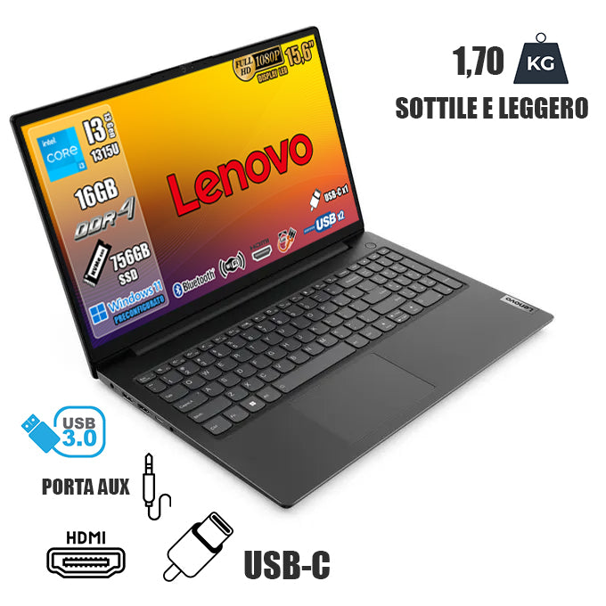Lenovo Notebook, pc portatile Intel Core i3 1315U 13th, DDR4 16Gb, Display FHD 15,6", SSD 756Gb NVMe, Wi-Fi 6, Bluetooth 5.2, USB 3.2 Type-C, Win11 Pro, Nero, Nuovo, Pronto all'uso, 2 anni garanzia.
