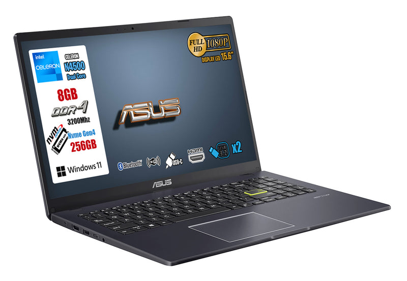 Asus Pc Notebook, Cpu Intel N4500, Ram 8GB, SSD 256GB, Monitor 15.6" FullHD, Hdmi, Usb-TypeC, Win 11, Pronto all'uso, Mouse WiFi ,2 Anni Garanzia.