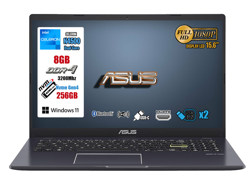 Asus Pc Notebook, Cpu Intel N4500, Ram 8GB, SSD 256GB, Monitor 15.6" FullHD, Hdmi, Usb-TypeC, Win 11, Pronto all'uso, Mouse WiFi ,2 Anni Garanzia.