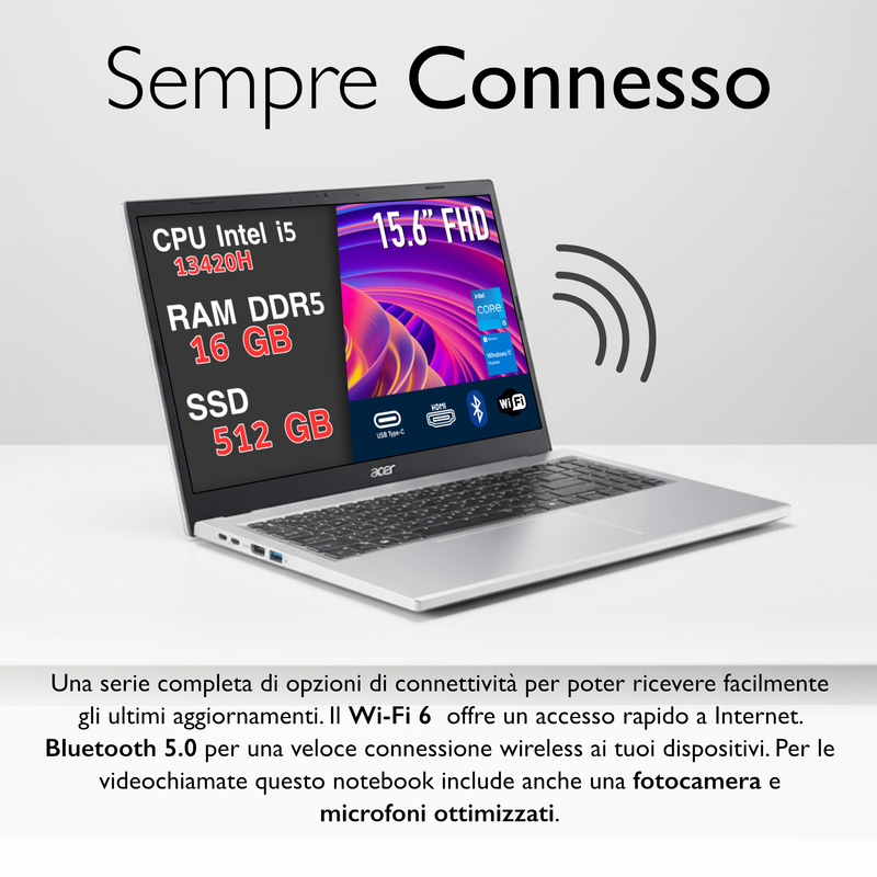 Acer Aspire Go 15 Intel Core i5-13420H, 16GB DDR5 RAM, 512GB SSD, Win 11 Home, Wi-Fi 6, Bluetooth 5.0, 2x USB-C, Display 15.6" Full HD,Silver – Ideale per Ufficio, Studenti e Casa