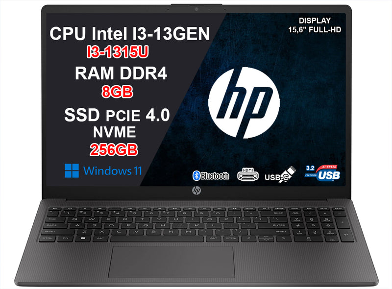 NOTEBOOK HP 250 G10, CPU I3-1315U, 8GB RAM DDR4, 256GB SSD, DISPLAY 15.6 FHD, WINDOWS 11 HOME, INCLUSA ESTENSIONE U22N6E 3Y GARANZIA ON SITE,  PN:9Y6X0AT
