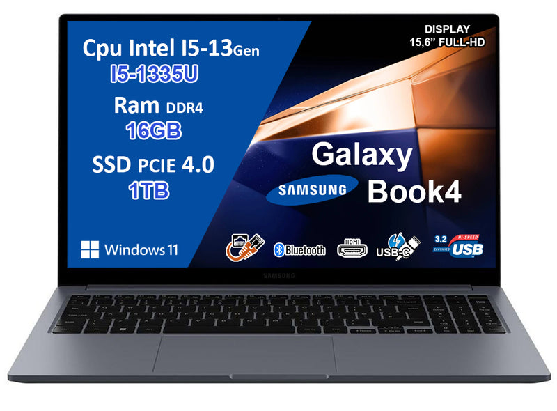 NOTEBOOK SAMSUNG GALAXY BOOK4 INTEL I5-1335U, 16GB RAM, 1TB SSD, 15.6 FULL HD, WINDOWS 11 HOME PN:NP750XGJ-KG4IT