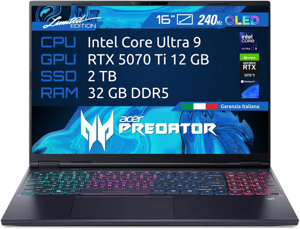 NOTEBOOK ACER PREDATOR HELIOS NEO 16, ULTRA 9 275HX, RAM 32GB DDR5, SSD 2TB (2x1TB), NVIDIA GEFORCE  RTX 5070 12GB GDDR7, DISPLAY 16.0 OLED 240HZ,TASTIERA RGB, WIFI 6E, WIN11 HOME, PN:NH.QX2ET.003