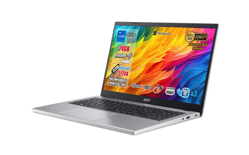Acer Aspire 3 PC Notebook Portatile, Processore Intel Core i7-1255U, RAM 24GB DDR4, 512GB PCIe NVMe SSD, Display 15.6" IPS FHD LED LCD, Scheda Grafica Intel Iris Xe, Windows 11, 2 anni in garanzia.
