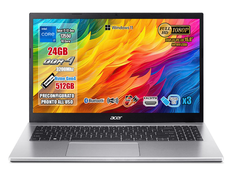 Acer Aspire 3 PC Notebook Portatile, Processore Intel Core i7-1255U, RAM 24GB DDR4, 512GB PCIe NVMe SSD, Display 15.6" IPS FHD LED LCD, Scheda Grafica Intel Iris Xe, Windows 11, 2 anni in garanzia.