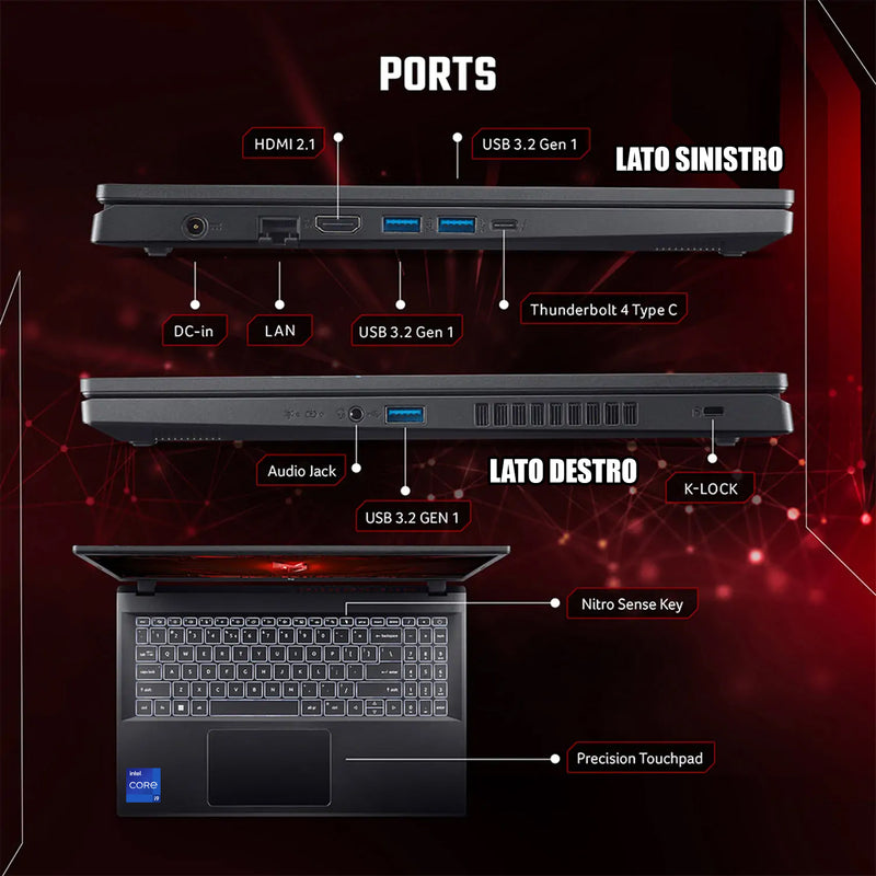 ACER NOTEBOOK GAMING NITRO V 15, INTEL CORE I9-13900H, RAM 32GB DDR5, SSD 1TB PCI-EX, DISPLAY 15.6" FULLHD IPS 165HZ, NVIDIA GEFORCE RTX 4060 8GB GDDR6, WI-FI 6, THUNDERBOLT 4.0, TASTIERA RETROILLUMINATA, WINDOWS 11