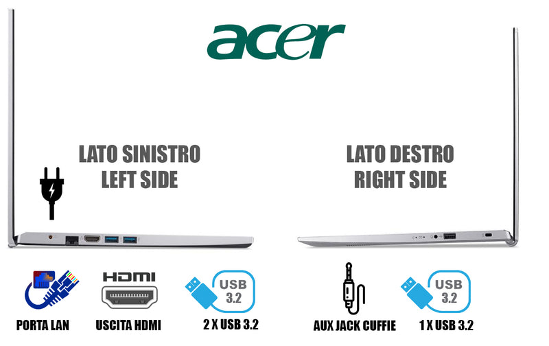 Acer Aspire 3 PC Notebook Portatile, Processore Intel Core i7-1255U, RAM 24GB DDR4, 512GB PCIe NVMe SSD, Display 15.6" IPS FHD LED LCD, Scheda Grafica Intel Iris Xe, Windows 11, 2 anni in garanzia.