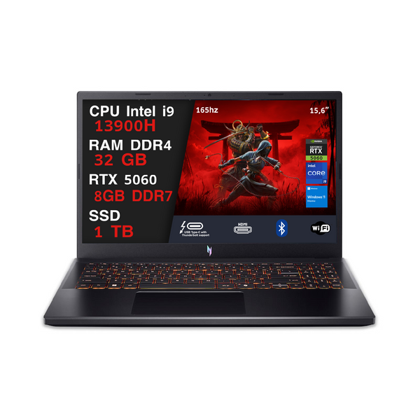 Acer Nitro V15 Pc Gaming Portatile i9-13900h, 32GB RAM DDR4, SSD 1TB, Geforce RTX 5060 8GB Gddr7, Notebook Gaming Display 15.6 IPS FHD 165hz, Laptop Gaming, Ethernet, WiFi, Tastiera Retroilluminata